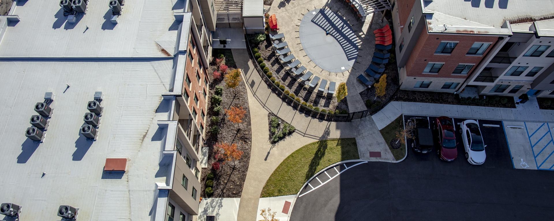 aerial of courtyard inside apartment complex