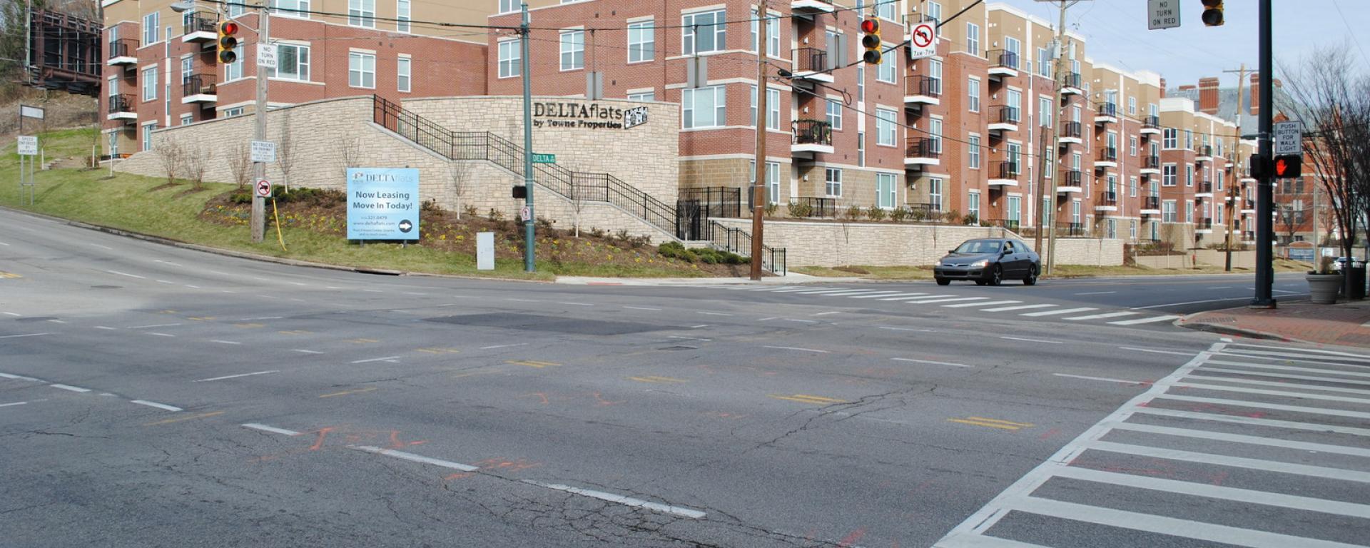 crosswalk in front of apartment complex