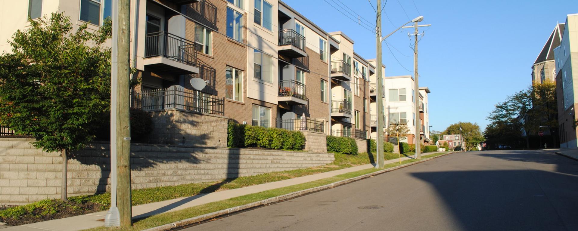 streetscape of landscaping in front of building