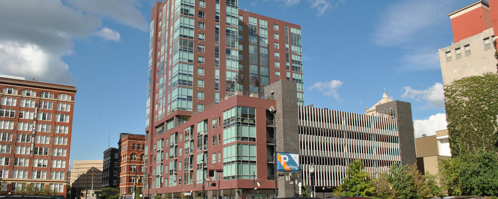 luxury apartment building and parking garage