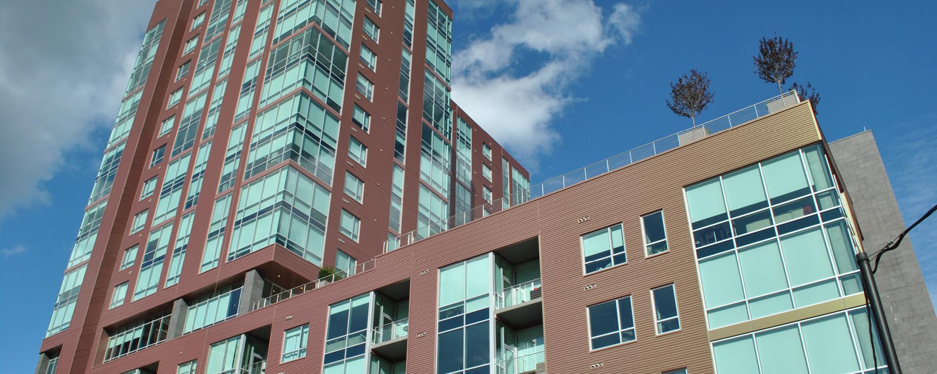 iridescent building exterior and rooftop pool