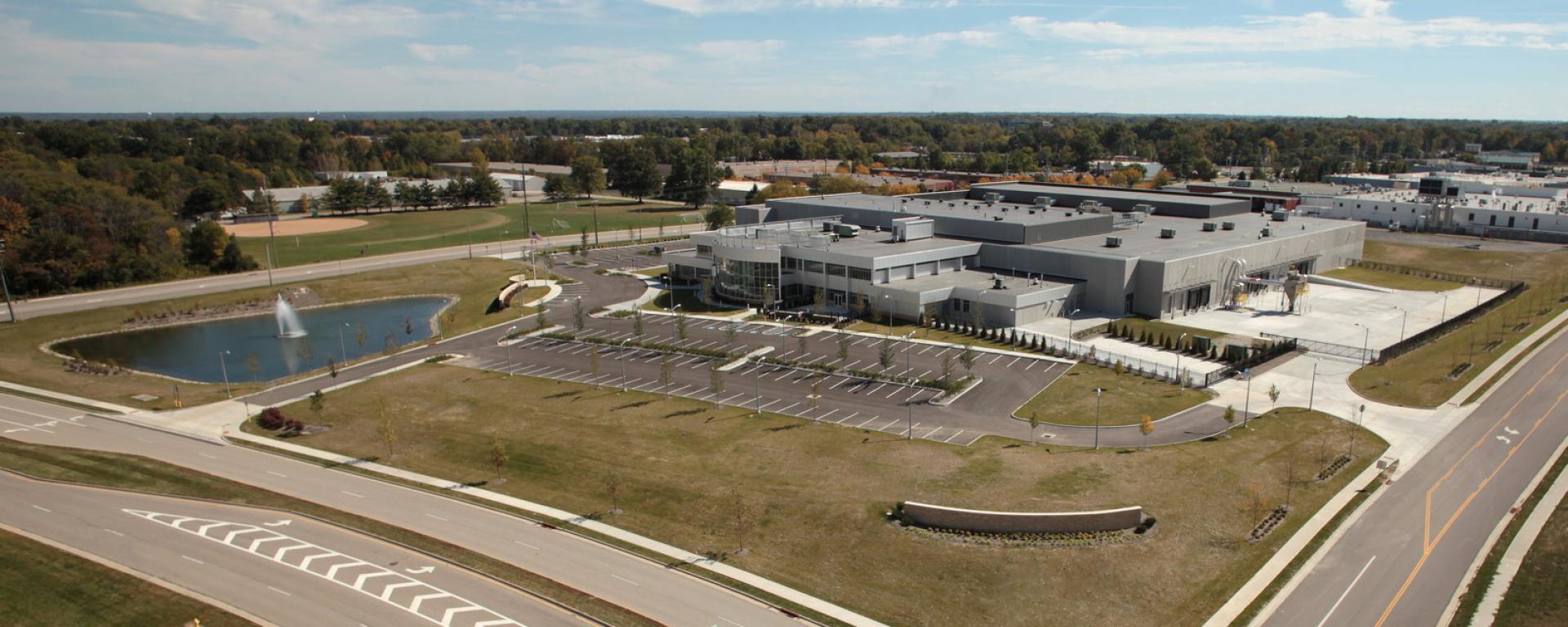 aerial of building and entry drive