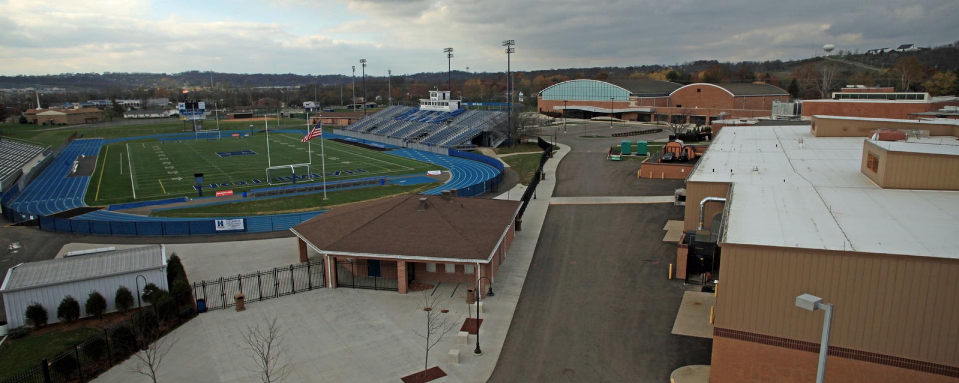 aerial of back of school and athletic complex