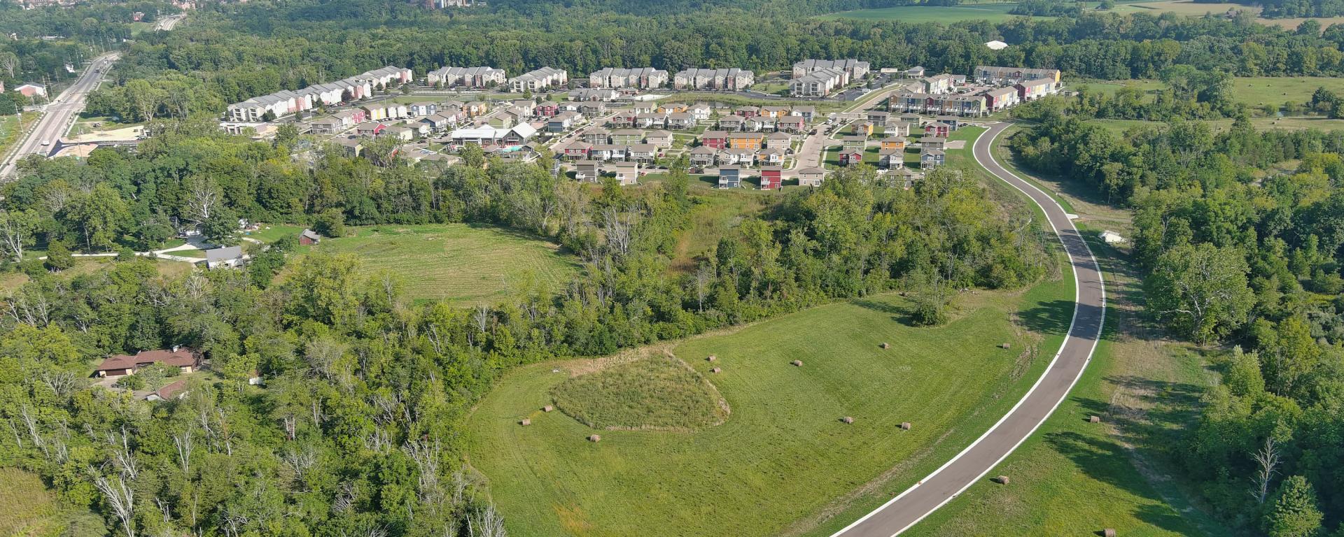 aerial photo of a curving roadway