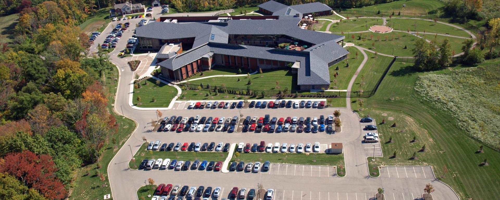 aerial of building and parking lot