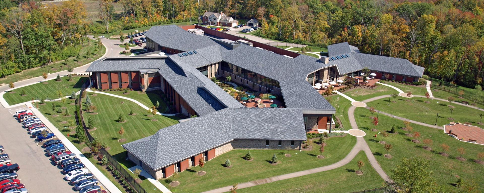 aerial of building and parking lot