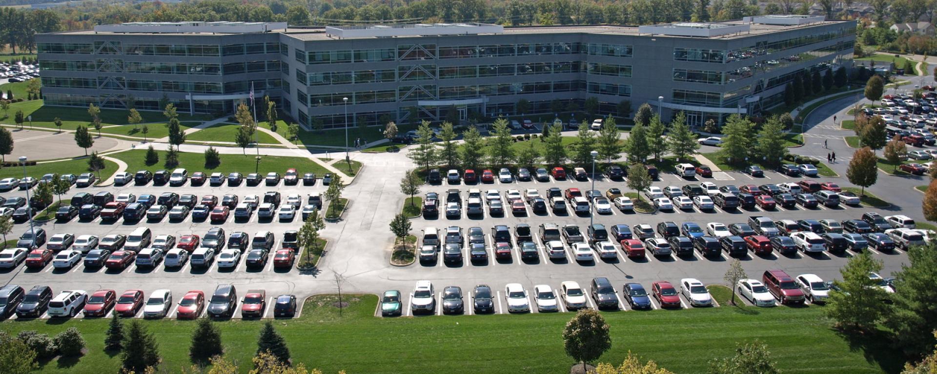 aerial of front entrance and parking lot