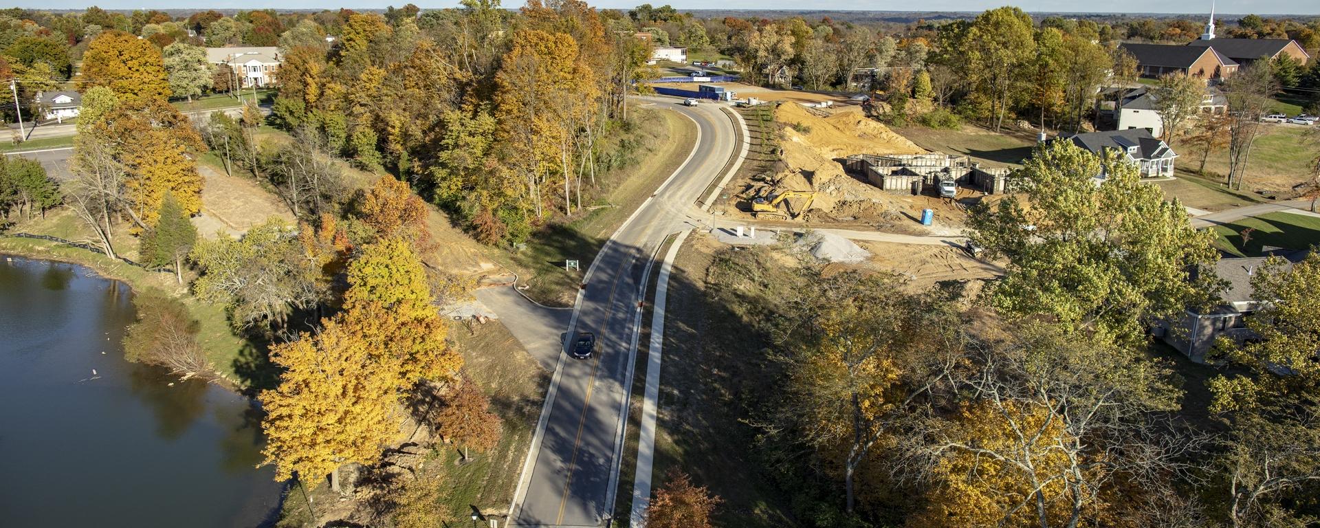 aerial of roadway in the fall