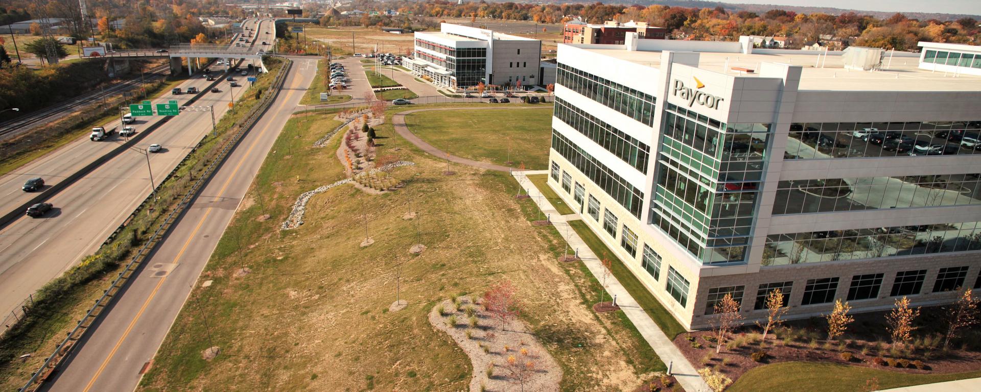 aerial of side profile and nearby highway