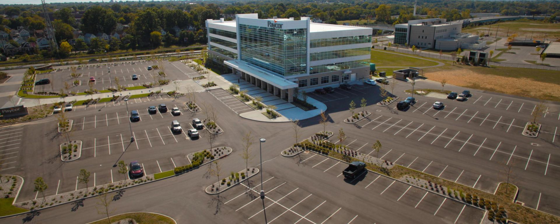 aerial of front entrance and parking lot