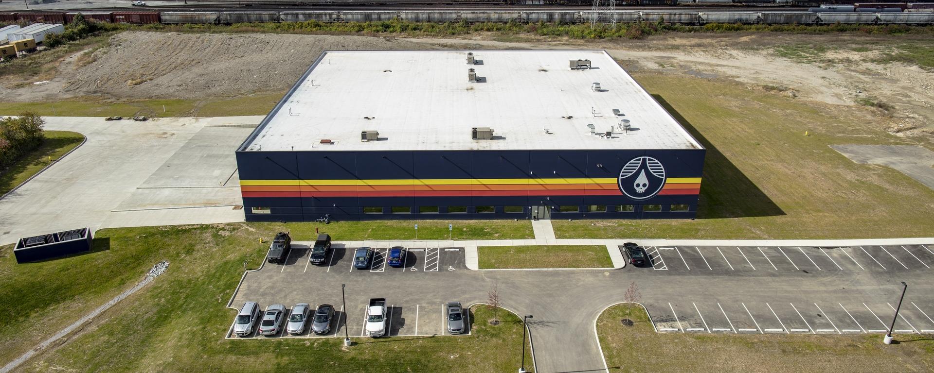 aerial of building and parking lot