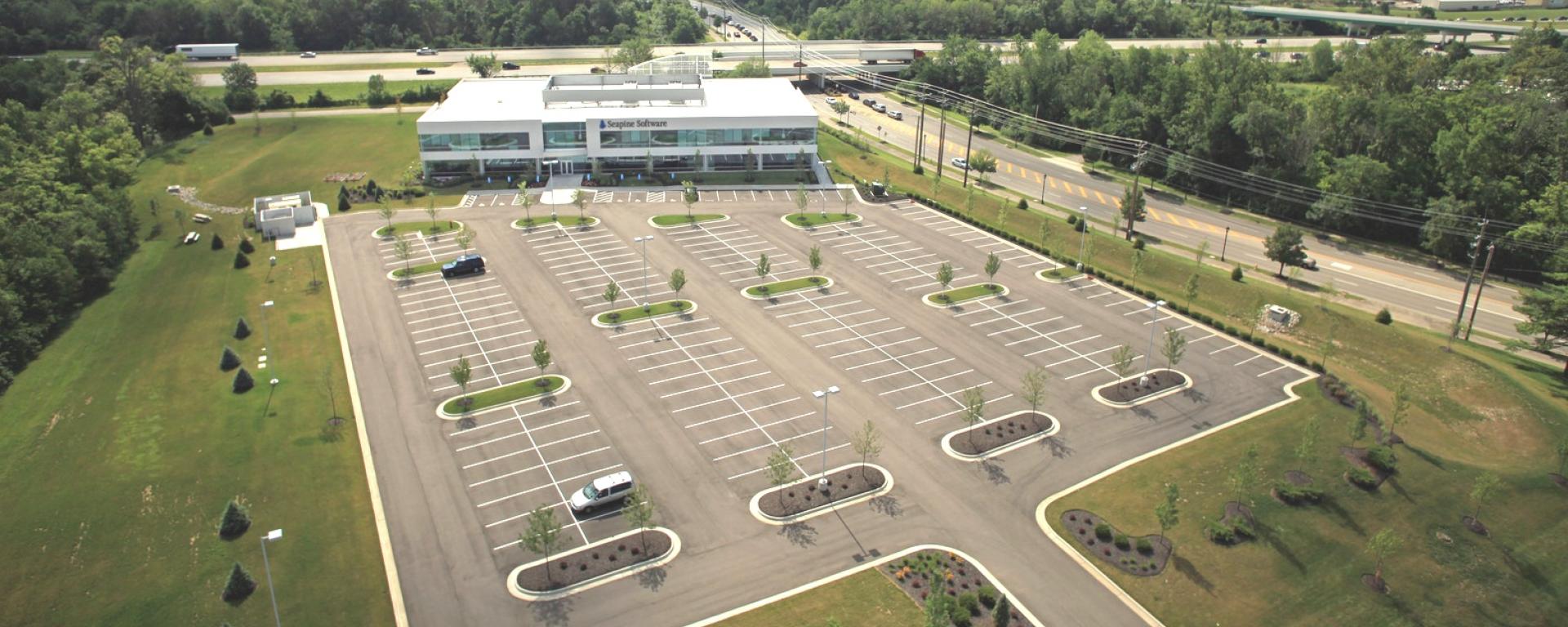 aerial of front profile and parking lot