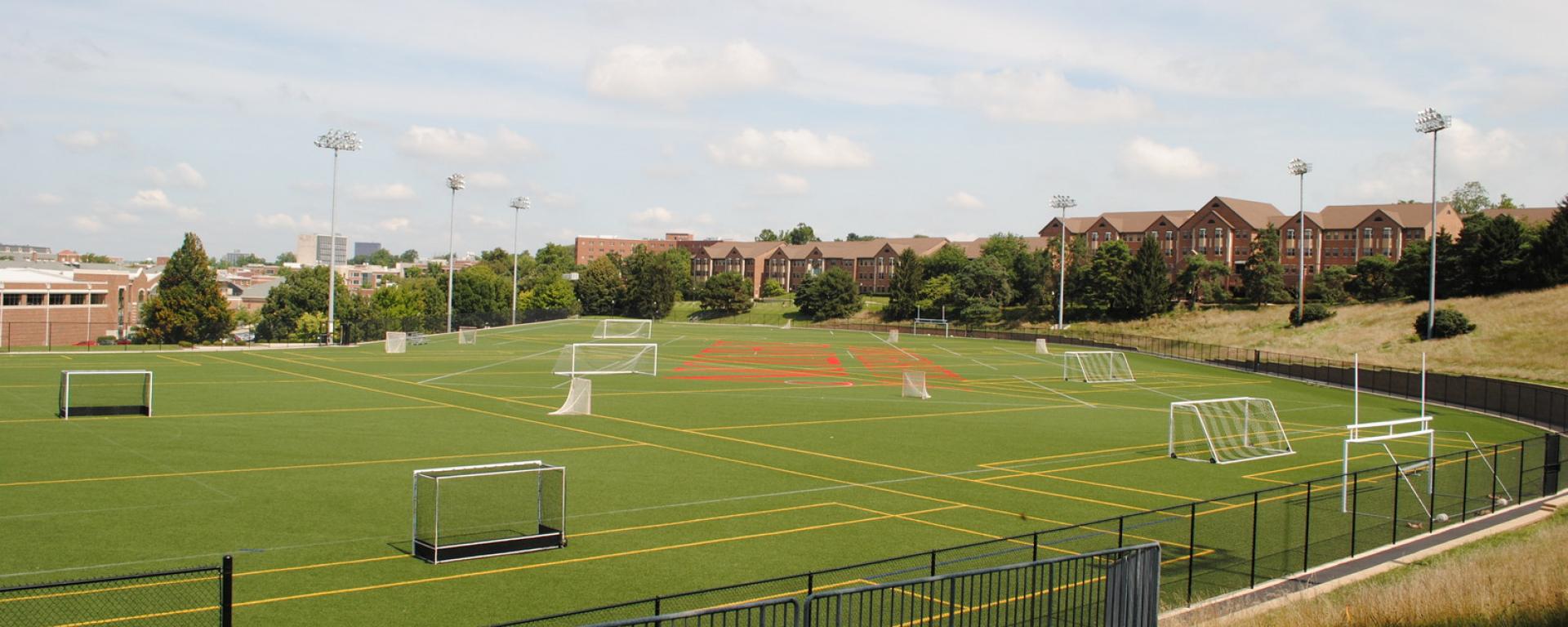 aerial of athletic field with soccer goal posts