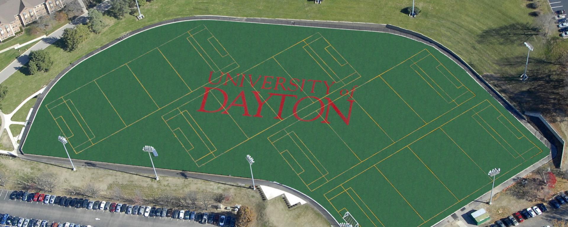 aerial of athletic field and parking lot