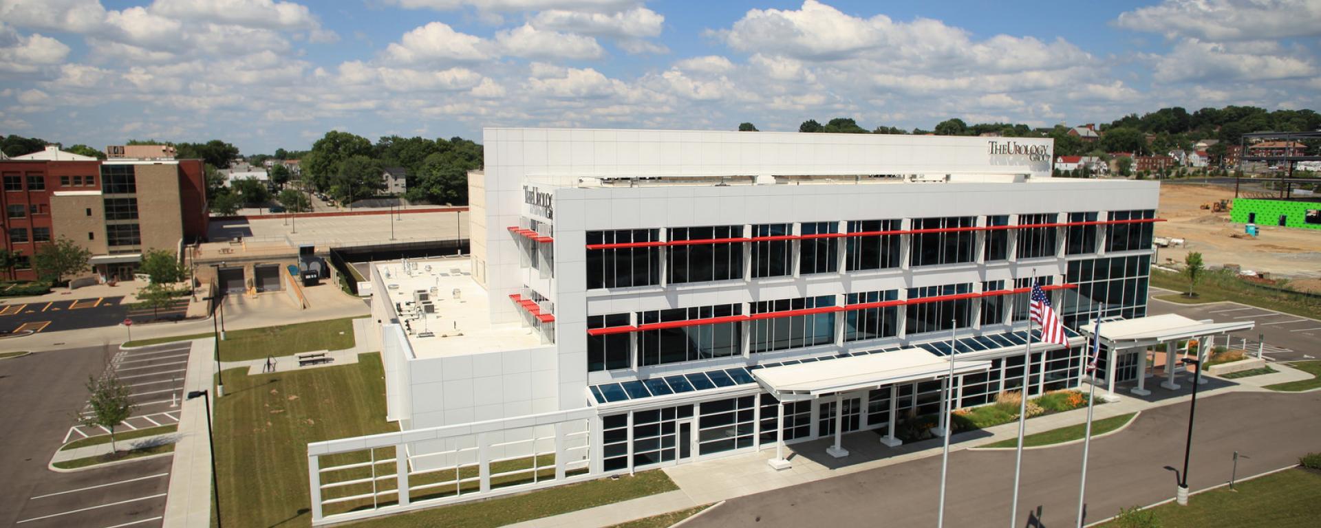 aerial of front entrance and drive of building