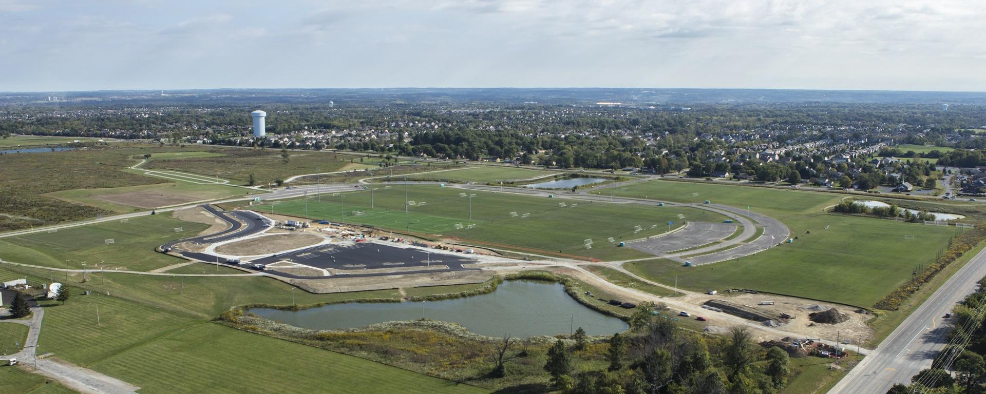aerial of walking paths and athletic fields