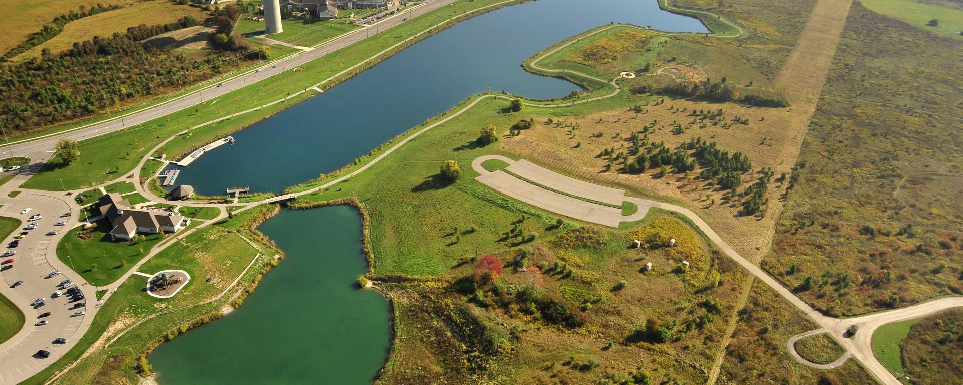aerial of walking trails and ponds