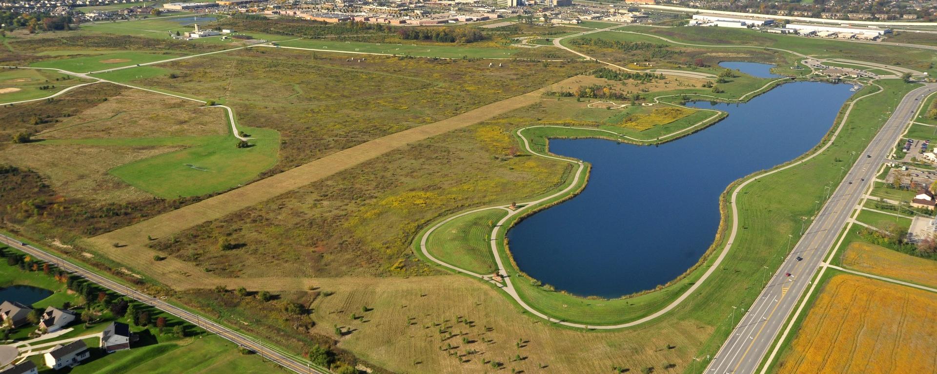 walking paths and ponds aerial