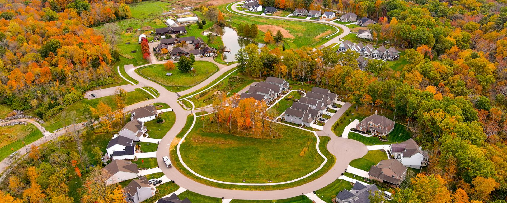 aerial photo of aberlin springs houses on winding road