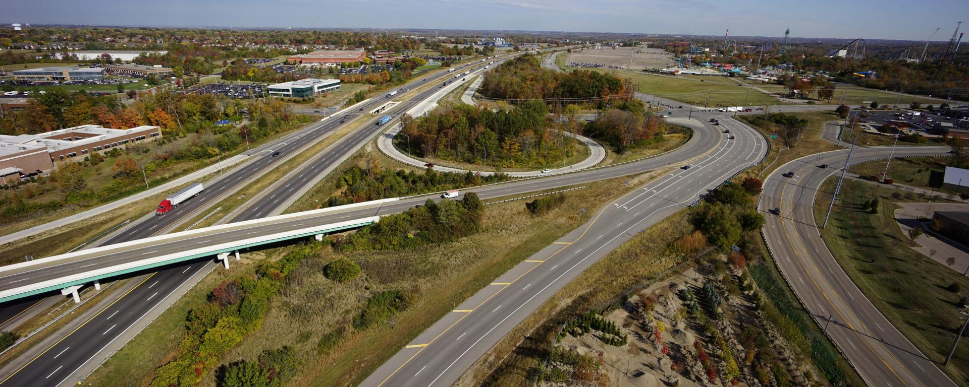 aerial photo of interstate exit ramp