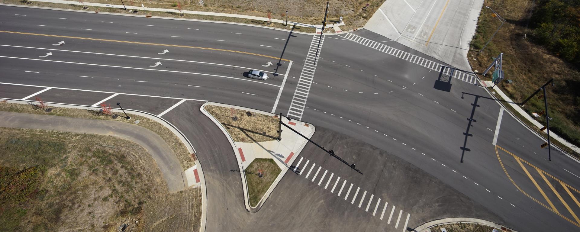 aerial photo of empty highway turn lanes