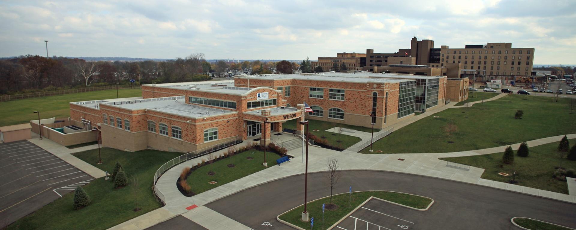 aerial of front entrance of school