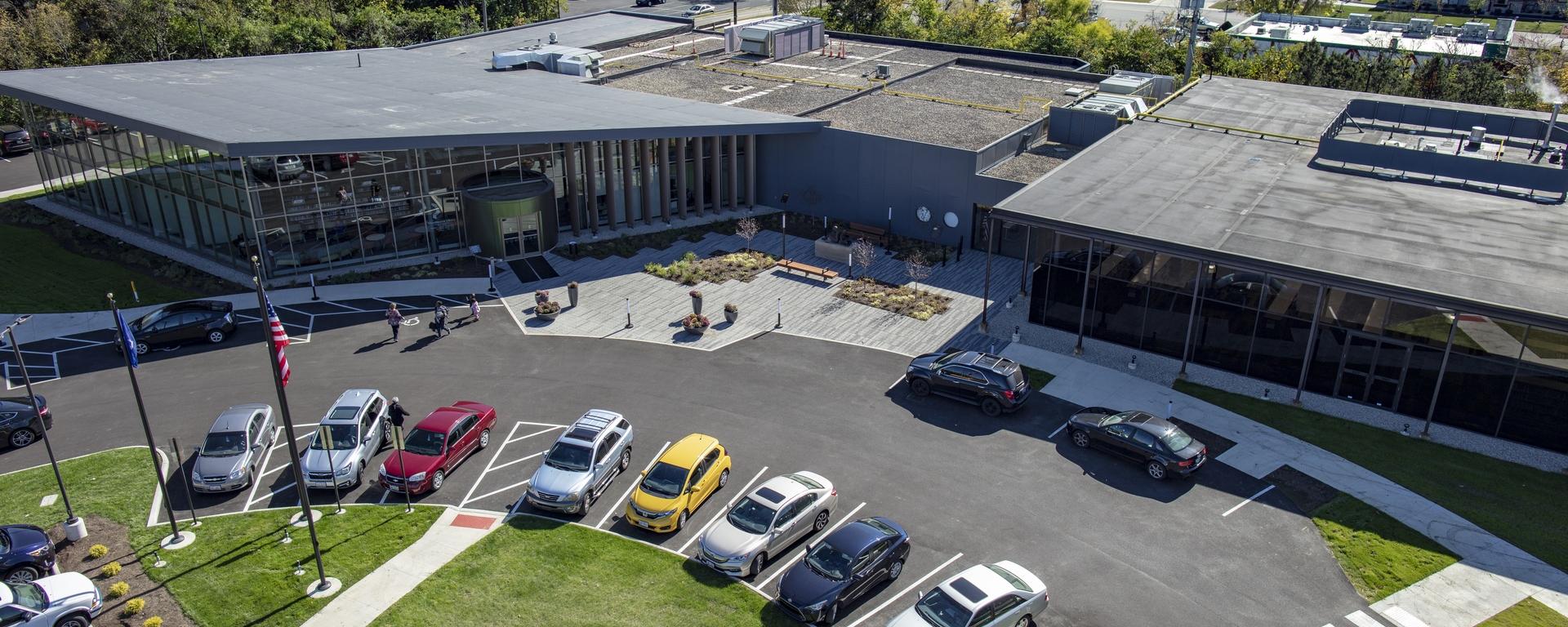 aerial of front entrance of library