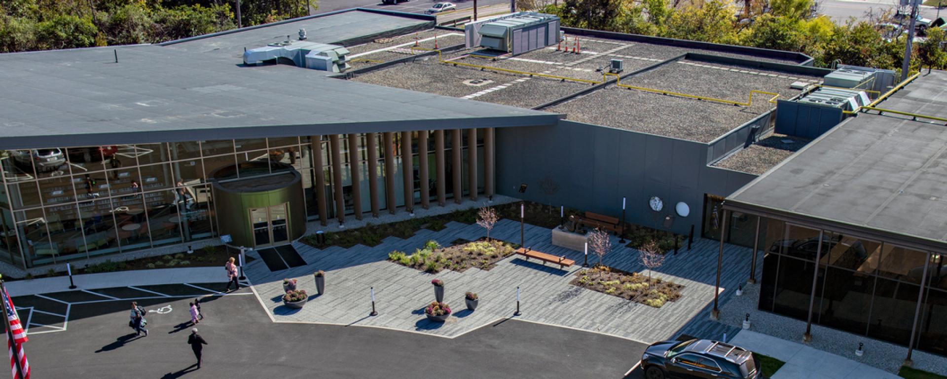 aerial of front entrance of library