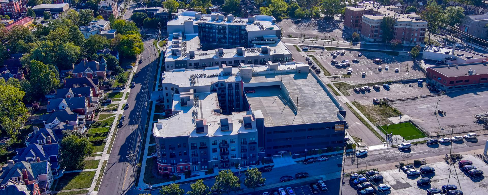 aerial photo of apartment building in urban neighborhood