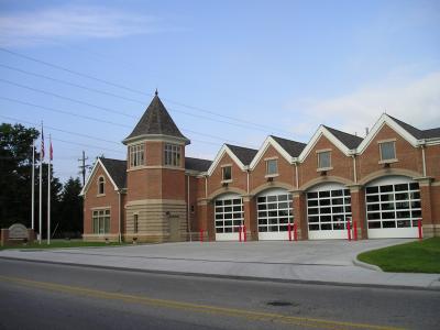 City of Greendale Fire House street view of firehouse front and garage doors
