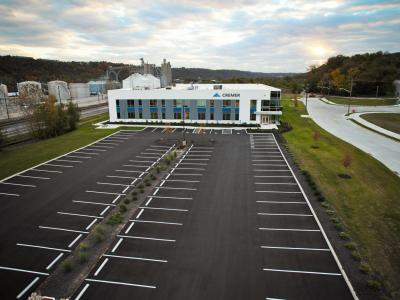 aerial of front profile and parking lot
