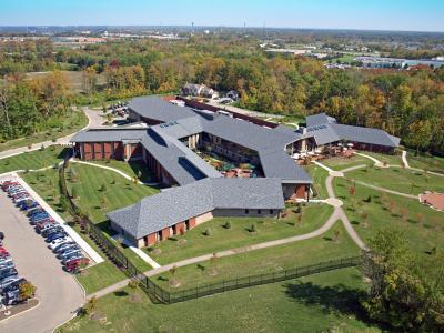 aerial of building and parking lot