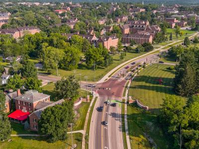 aerial photo of campus street entrance