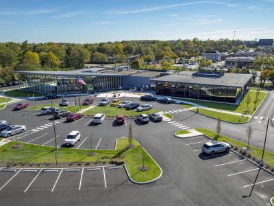 aerial of front entrance of library and parking lot