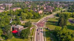 aerial photo of campus street entrance