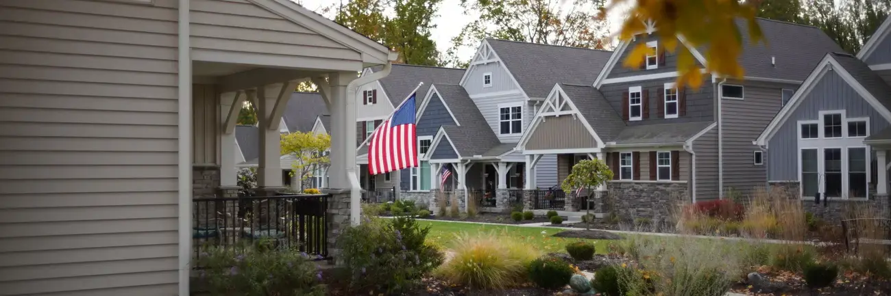 Suburban street with houses, American flag, and autumn leaves.