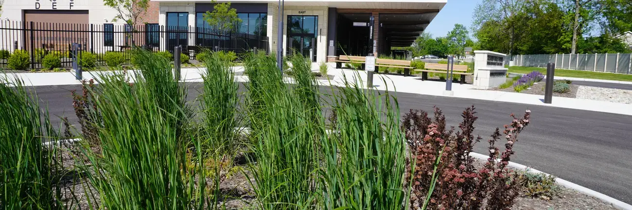 Permit Expediting Services Modern building with tall grass landscaping, blue sky, and trees.